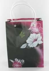 Saco de Presente / Saco de Transporte Preto/Rosa/Flor Branca M&eacute;dio (12 unid.)