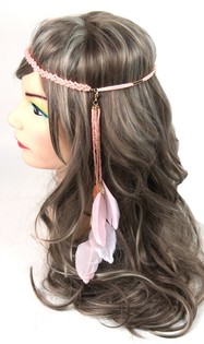 Fita de cabelo estilo Ibiza com missangas e penas Salmão (1 un.)