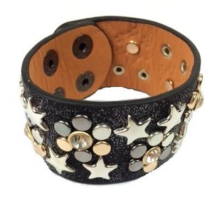 Pulseira Larga de Luxo Preta com Tachas e Strass (1 un)