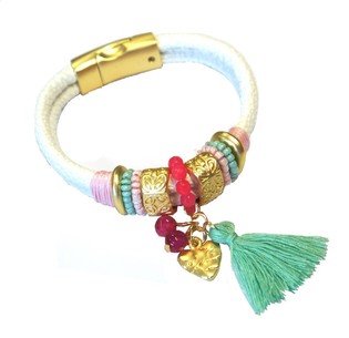 Pulseira Branca Estilo Ibiza com Borla e Cora&ccedil;&atilde;o (1 un.)