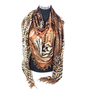 Len&ccedil;o triangular de luxo revers&iacute;vel Tigre / Castanho com franjas (1 un)