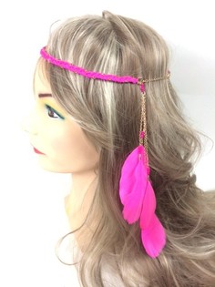 Diadema entran&ccedil;ada estilo Ibiza com penas f&uacute;csia (1 un.)