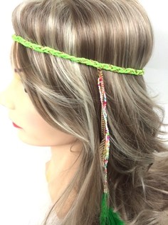 Fita de cabelo entran&ccedil;ada estilo Ibiza com penas - Verde (1 un)