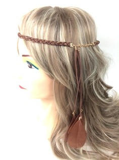 Banda de cabelo entran&ccedil;ada com penas castanha (1 un)