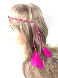 Fita de cabelo entrançada estilo Ibiza com penas - Fúcsia (1 un)