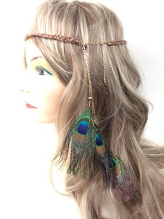 Banda de Cabelo Entran&ccedil;ada Castanha com Penas de Pav&atilde;o | Estilo Ibiza Boho (1 un)