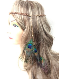 Fita de Cabelo Tran&ccedil;ada Preta com Penas de Pav&atilde;o (1 un.)