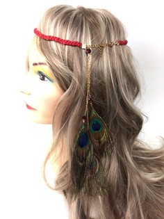 Fita de cabelo entran&ccedil;ada bordeaux com penas de pav&atilde;o (1 un)
