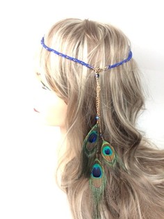 Fita de cabelo entran&ccedil;ada estilo Ibiza azul com penas de pav&atilde;o (1 un)