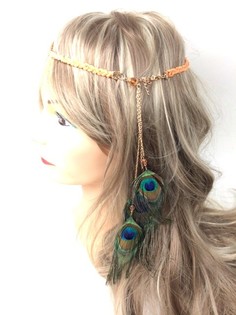 Banda de Cabelo Entran&ccedil;ada Laranja/Salm&atilde;o com Penas de Pav&atilde;o (1 un)