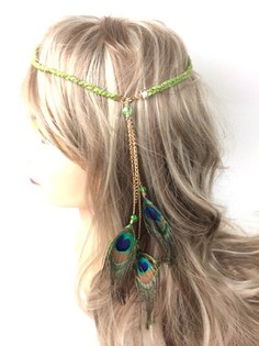 Fita de Cabelo Entran&ccedil;ada Verde Musgo com Penas de Pav&atilde;o (1 un.)
