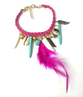 Pulseira Ibiza F&uacute;csia com Concha e Dente (1 un.)