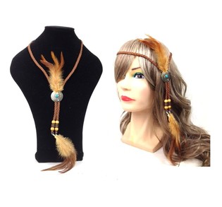 Colar / Fita de Cabelo com Penas Ibiza - Castanho (1 un)