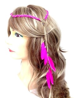 Fita de cabelo entrançada com penas estilo Ibiza Fúcsia (1 un)
