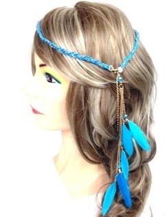 Banda de cabelo entrançada estilo Ibiza com penas Turquesa (1 un)