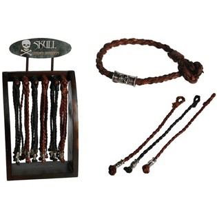 Pulseiras de couro entran&ccedil;ado "Skull" em expositor de madeira (96 un.)