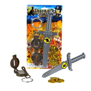 Conjunto de Brinquedos de Pirata: Adaga, B&uacute;ssola, Brinco e Moedas (6 un.)